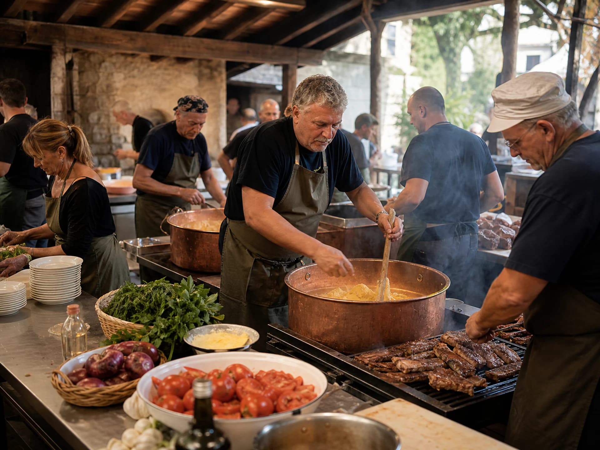 Cucina di una sagra con griglie e pentoloni