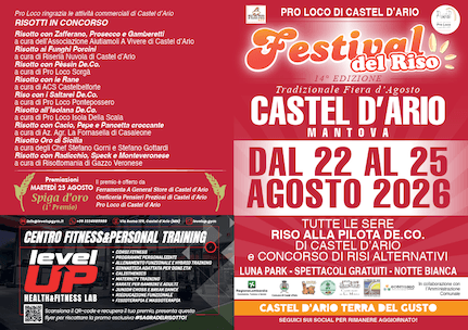 Festival del Riso 2026 a Castel d’Ario: quattro giorni tra il celebre Riso alla Pilota, il concorso “Spiga d’Oro”, musica, luna park e Notte Bianca