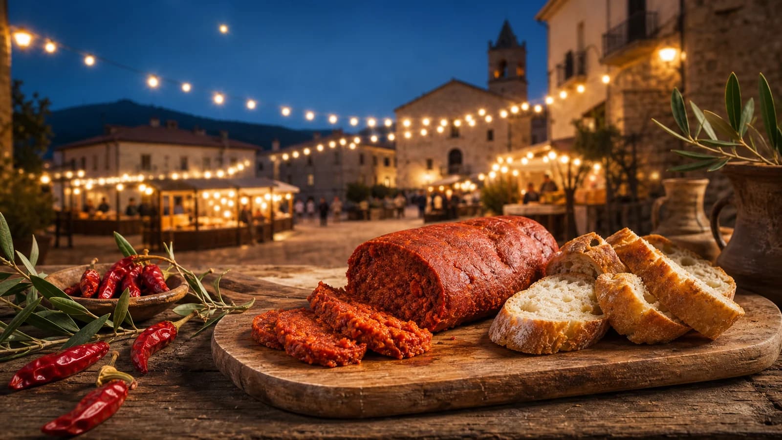 ’Nduja di Spilinga con pane e peperoncini durante una festa serale in piazza