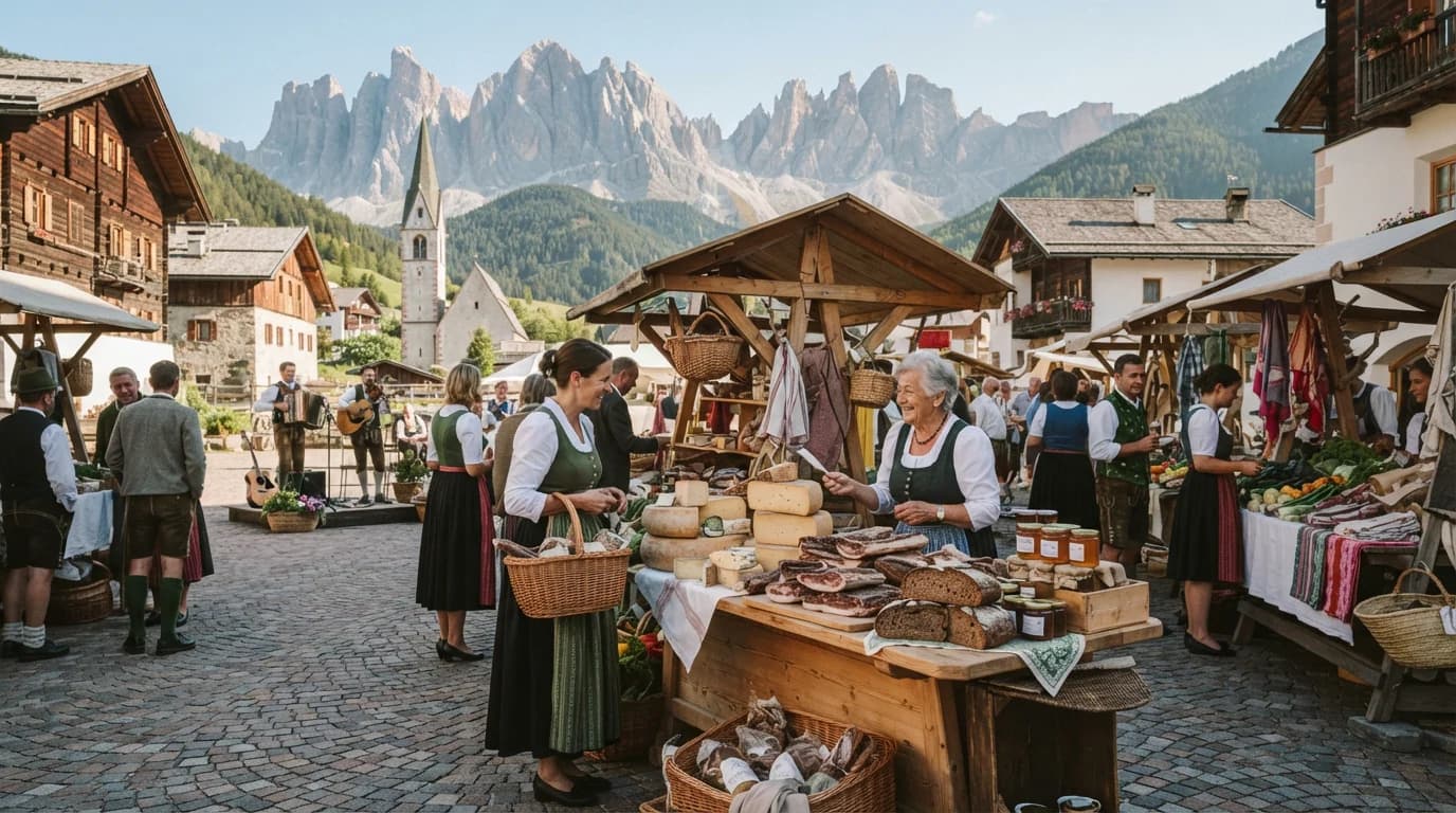 Mercato contadino nella piazza del paese con musica dal vivo