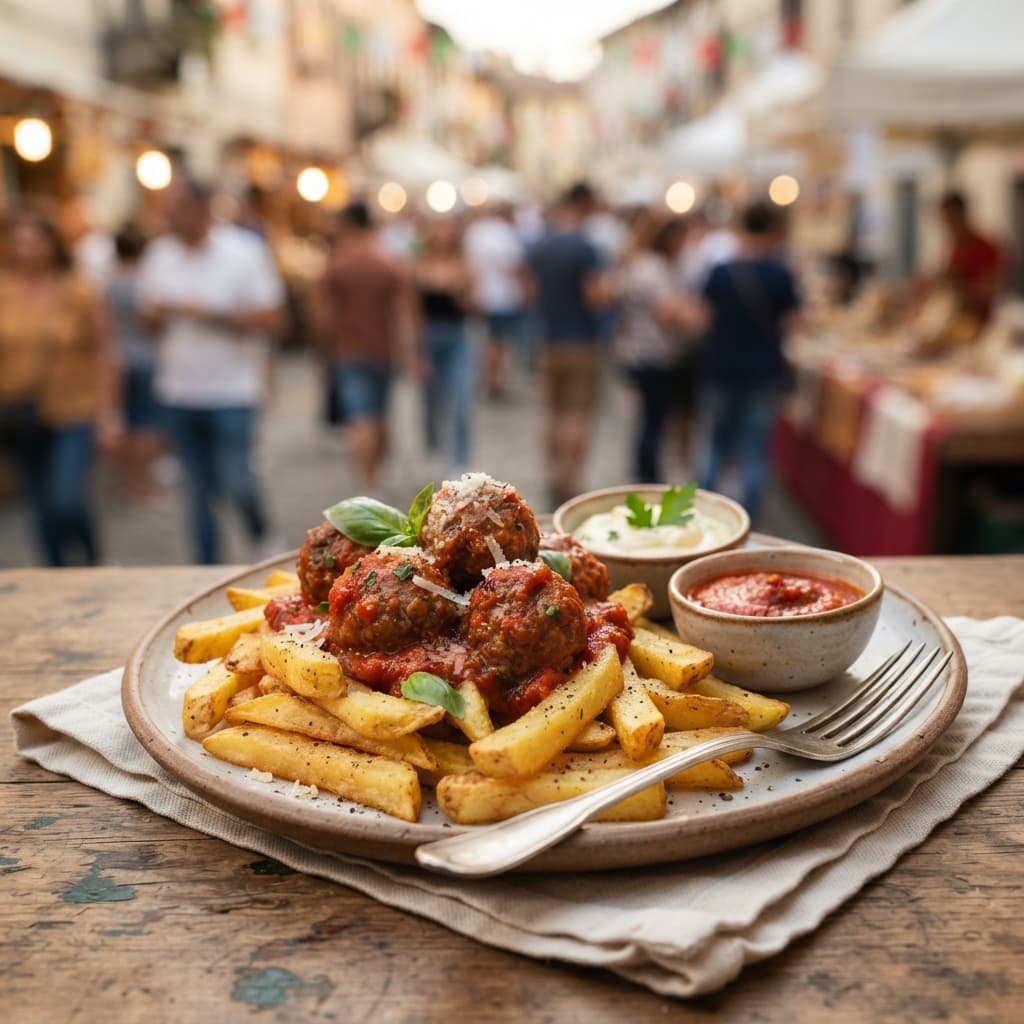 Patatine con polpette e salse
