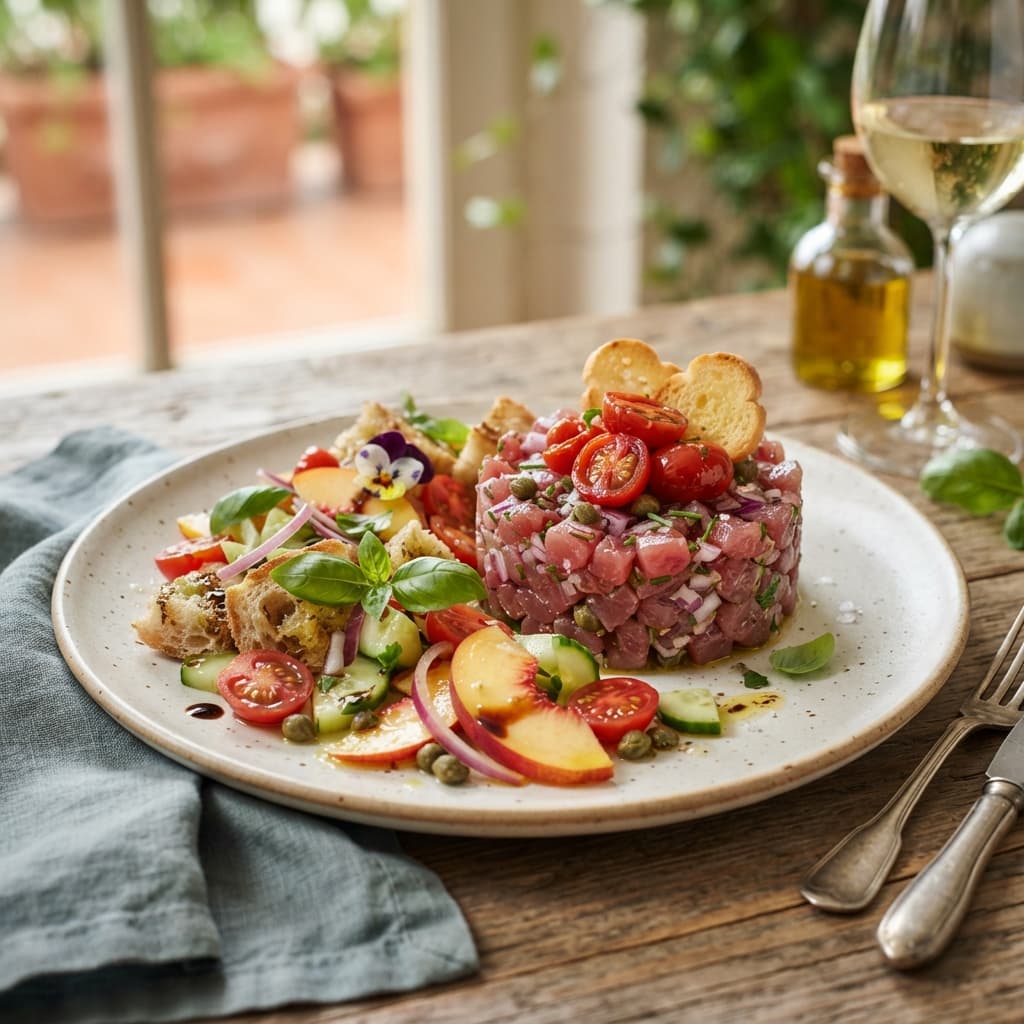 Tartare di Tonno, Pesche e Panzanella
